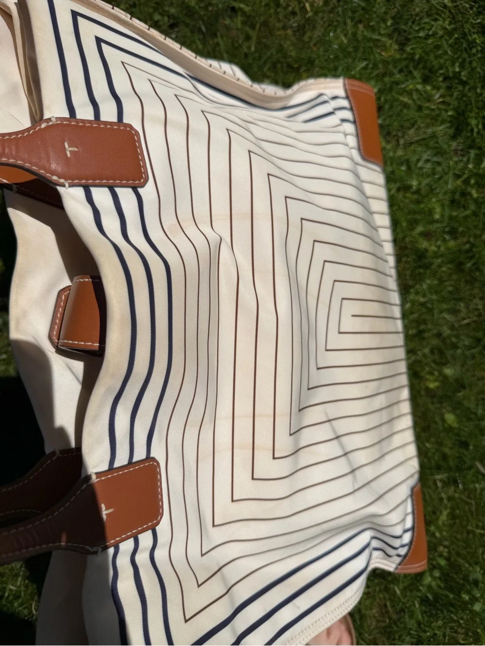 Tory Burch Cream Stripe Ella Print Tote with Tan Leather Trim - Large